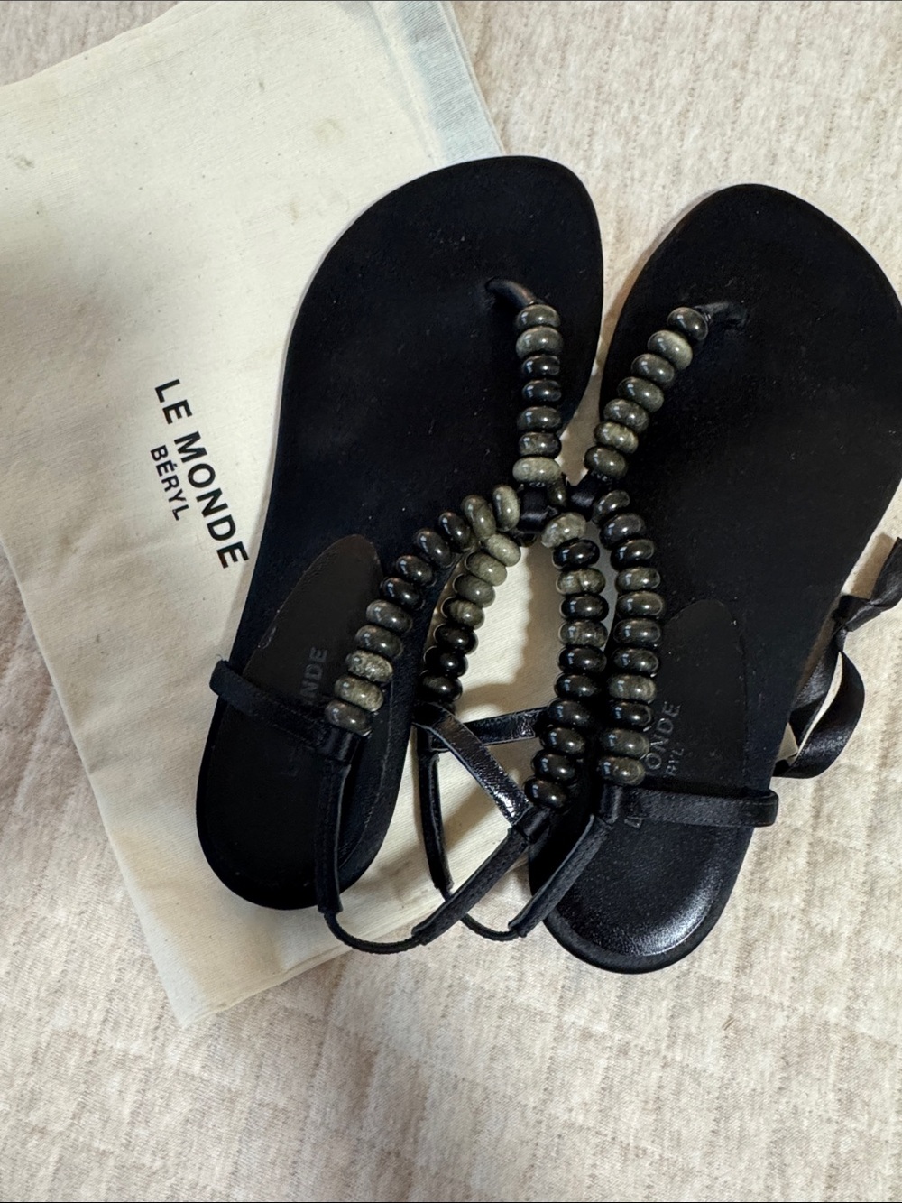 Le Monde Black Beaded T-Strap Sandals